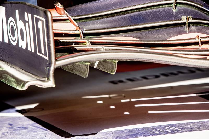 Red Bull front wing with traces of flow-viz paint during 2020 f1 preseason testing