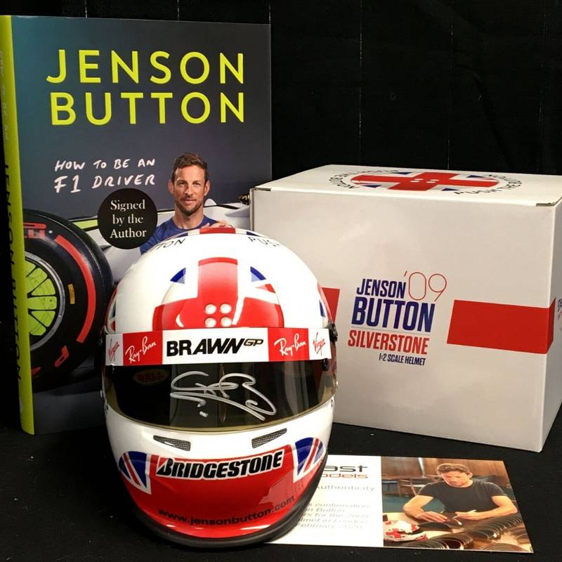 Product image for Jenson Button Signed Bundle | 2009 British GP helmet | How to be an F1 Driver