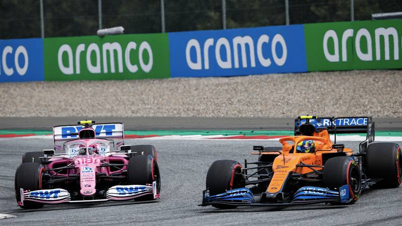 Lando Norris battles with Lance Stroll during the 2020 F1 Styrian Grand Prix at the Red Bull Ring