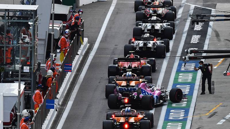 Lance Stroll's overheating Racing Popint is pulled out of the pitlane queue during qualifying for the 2020 F1 Russian Garnd Prix