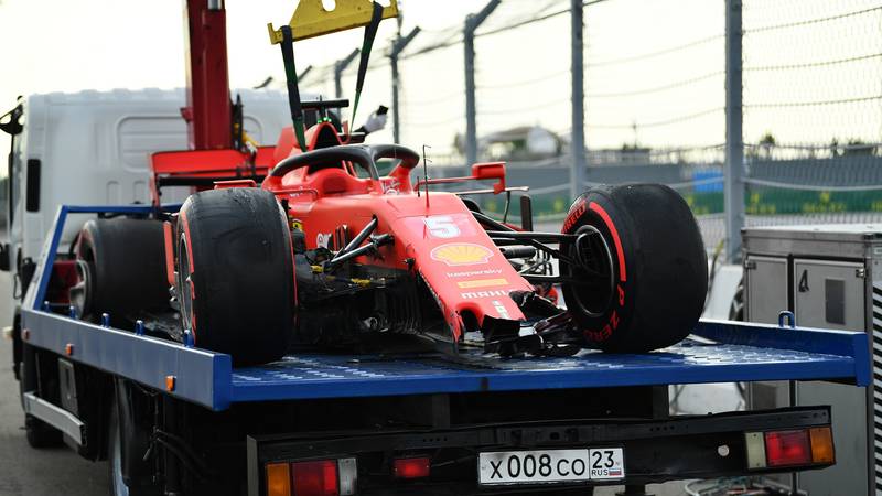 Sebastian Vettel's damaged Ferrari after qualifying for the 2020 f1 Russian Grand prix