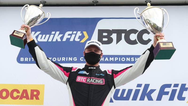 Josh Cook celebratesa double victory at the 2020 BTCC Croft round