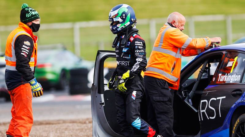 Colin Turkington walks away from his BMW after crashing out of the 2020 BTCC Croft Round