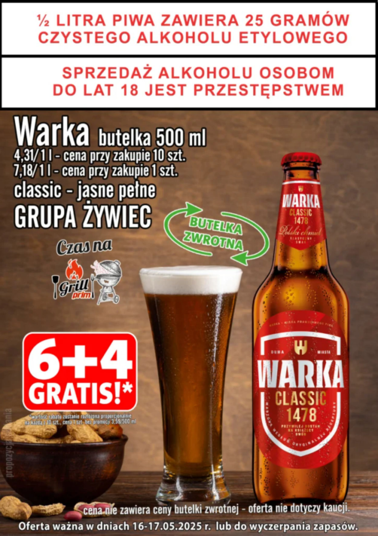 🍺 16 18 05 2025 r piwo warka classic 64 gratis