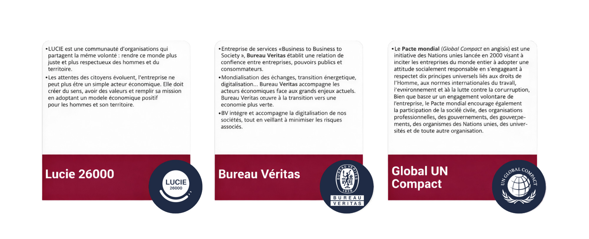 Les organismes qui accompagnent Walomo : Lucie 26000, Bureau Veritas et le Pacte mondial des Nations unies (Global UN Compact)
